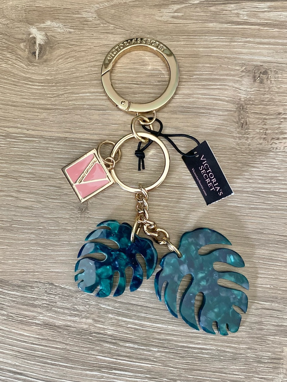 Victoria's Secret Gold & Teal Monstera Leaf Keychain with Pink Logo Charm